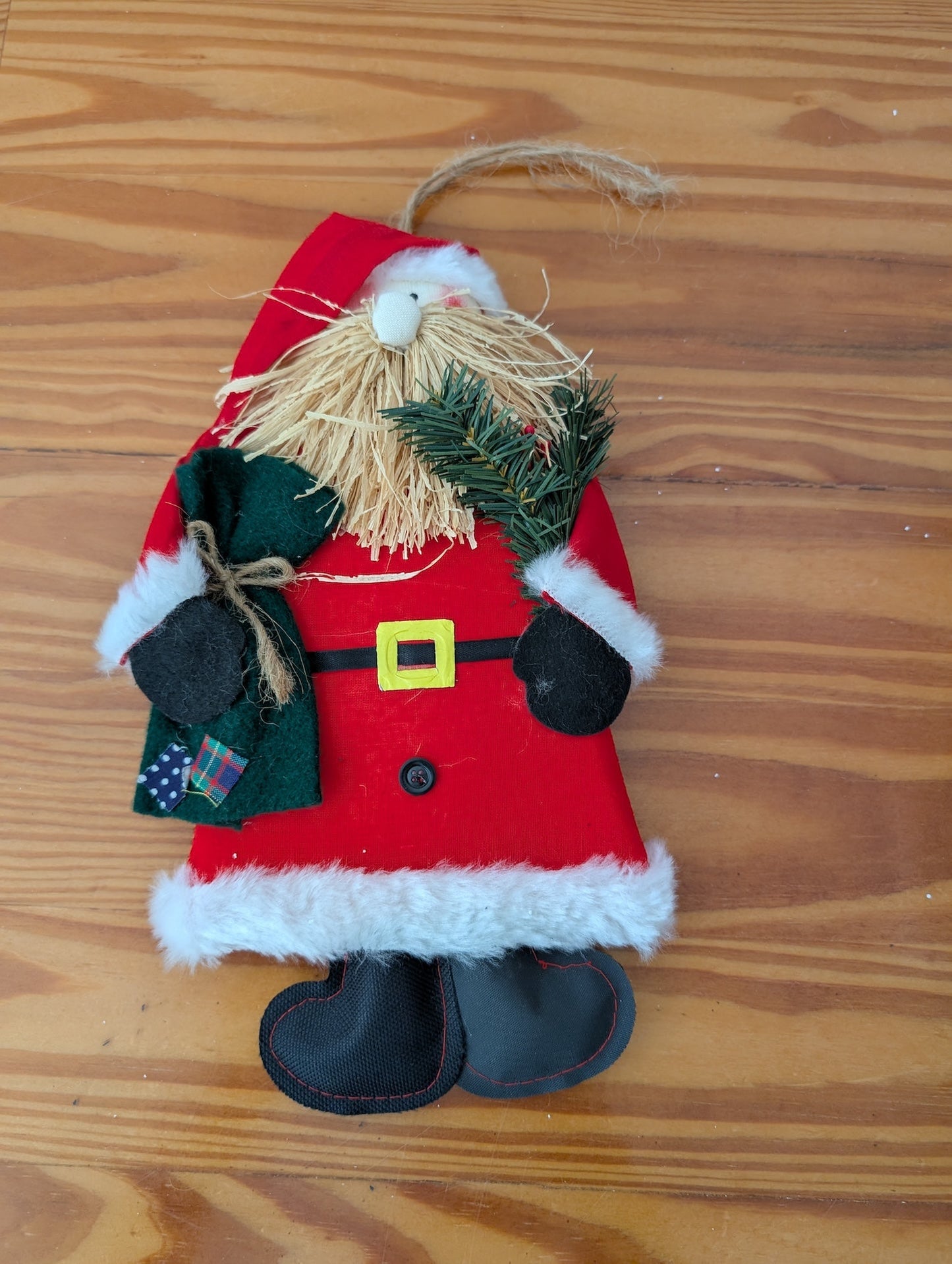 Plush Santa with Straw Beard from Unknown -  Holiday Decor (Fabric, Faux Fur, Straw Ornament, Rustic, Handmade, Folk Art, Red, White, Black, Green)