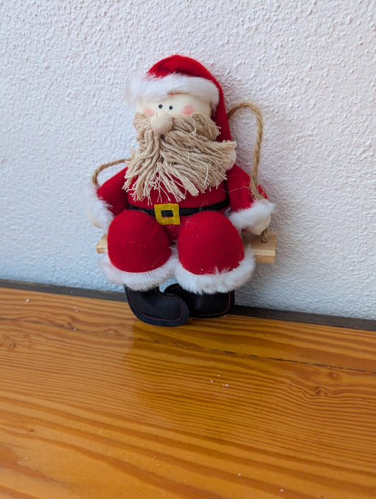 Swinging Santa Ornament from Unknown -  Holiday Decor (Fabric, Faux Fur, Wood, String Ornament, Rustic, Handmade, Folk Art, Red, White, Wood)