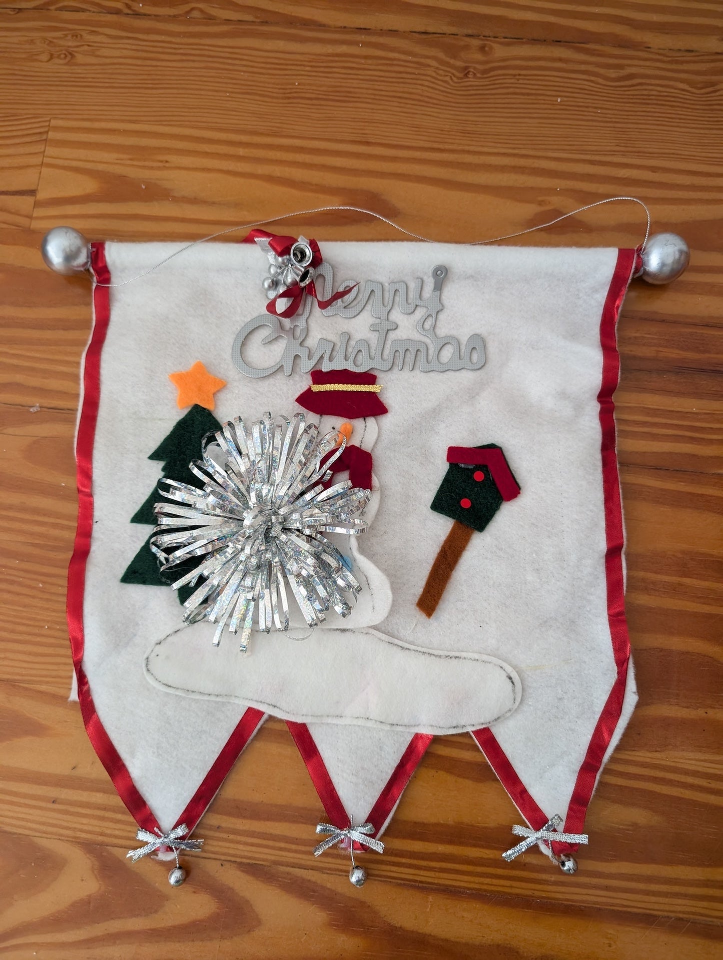 Handmade Felt Christmas Banner from Unknown -  Holiday Decor (Felt, Tinsel Wall Banner, Handmade, Craft, Kitsch, White, Red, Silver)