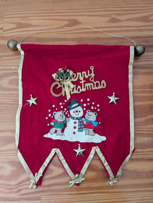 Vintage Felt Snowman Banner from Unknown - 1980s Holiday Decor (Felt, Plastic Wall Banner, Vintage, Retro, Kitsch, Red, White, Gold)