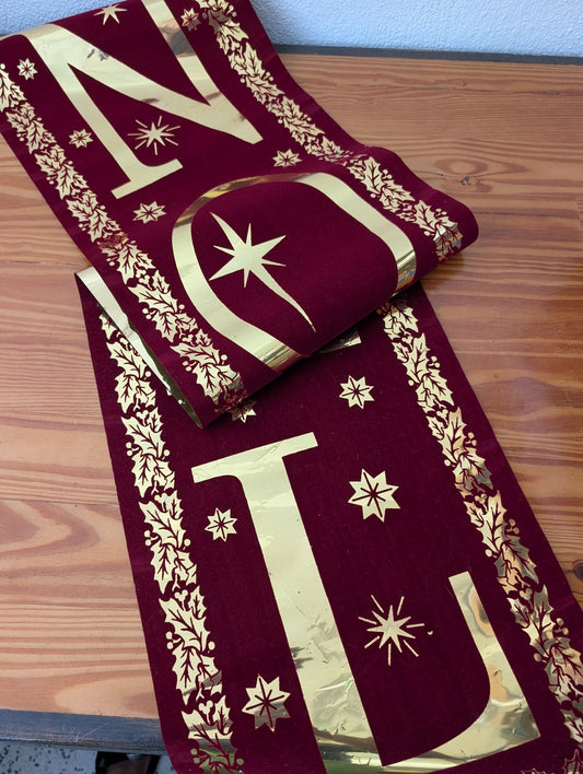 Flocked Foil Banner from Unknown - 1970s Holiday Decor (Flocked Paper, Foil Banner, Vintage, Retro, Traditional, Red, Gold)