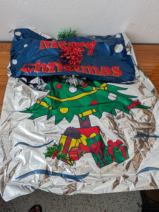 Mylar Christmas Door Cover from Unknown - 1980s Holiday Decor (Mylar, Plastic Decor, Retro, Vintage, Kitsch, Blue, Silver, Green, Red)