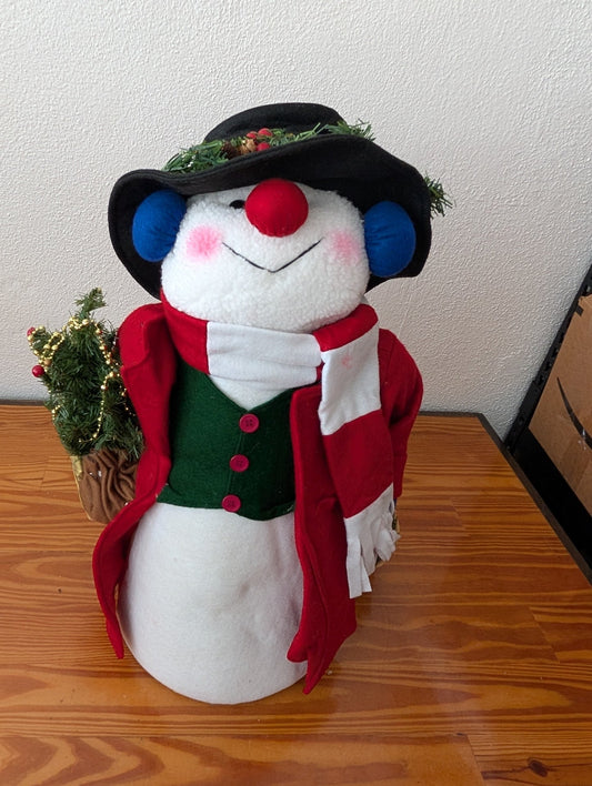 Plush Snowman with Tree from Unknown -  Holiday Decor (Fabric, Plush Figurine, Traditional, Whimsical, White, Red, Green, Black)