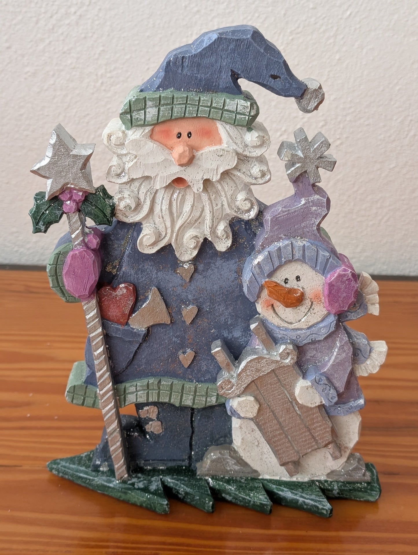 Santa and Snowman Pals from Unknown -  Holiday Decor (Resin Figurine, Rustic, Folk Art, Country, Blue, Purple, Cream)