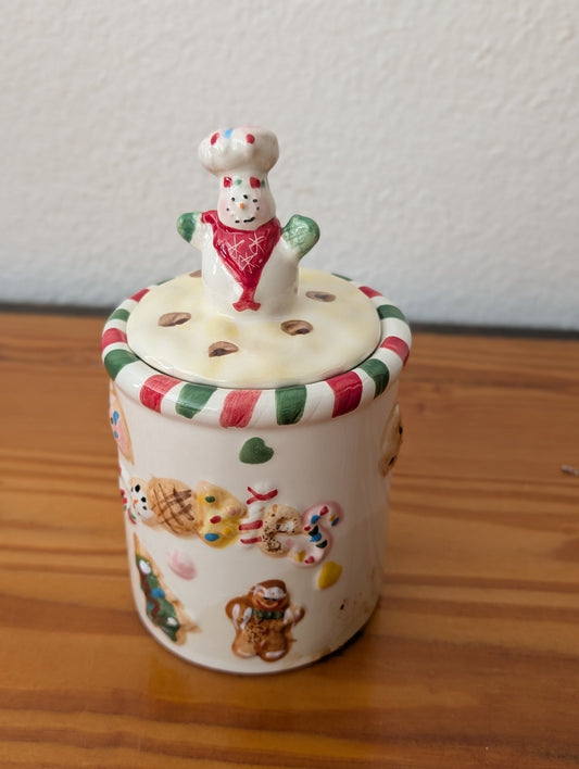Christmas Cookie Jar from Unknown -  Kitchenware (Ceramic Canister / Cookie Jar, Whimsical, Kitchen Kitsch, Cream, Red, Green)