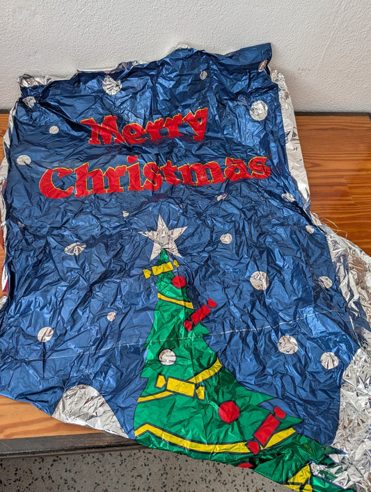 Mylar Christmas Door Cover from Unknown - 1980s Holiday Decor (Mylar, Plastic Decor Retro, Vintage, Kitsch, Blue, Silver, Green, Red)