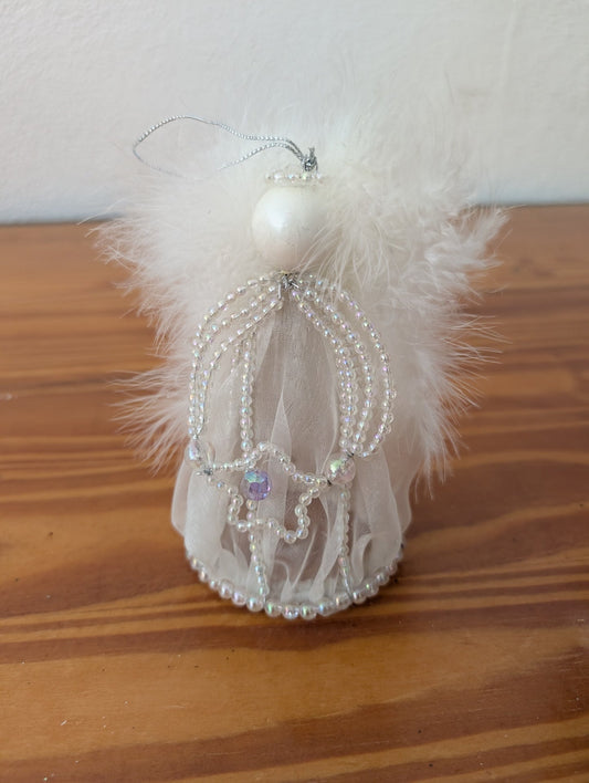 Feather and Bead Angel from Unknown -  Holiday Decor (Feathers, Beads, Tulle, Plastic Ornament, Glam, Angelic, Whimsical, White, Iridescent)