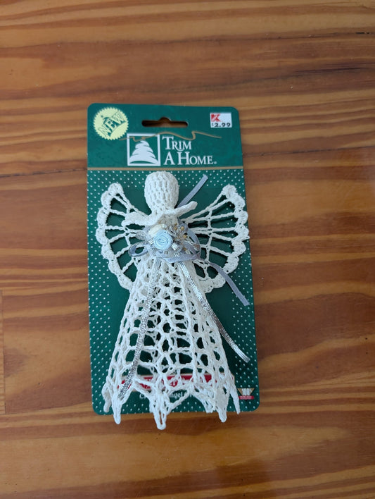 Crocheted Angel Ornament from Trim A Home (Kmart) - 1990s Holiday Decor (Cotton Thread, Ribbon Ornament, Handmade, Vintage, Country, White, Blue, Silver)