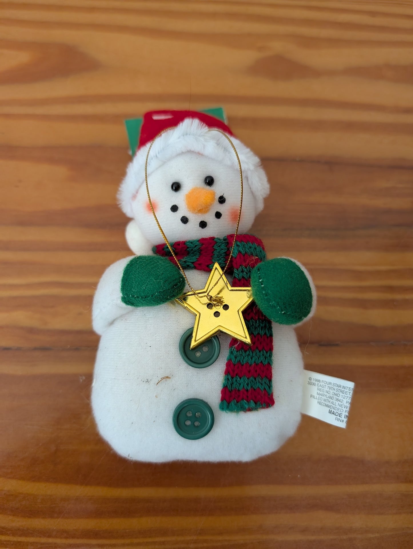 Plush Snowman with Star from Four Star International Inc. - 1998 Holiday Decor (Fabric, Plush Ornament, Traditional, Whimsical, White, Red, Green)