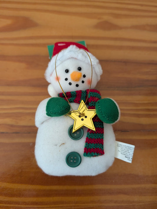 Plush Snowman with Star from Four Star International Inc. - 1998 Holiday Decor (Fabric, Plush Ornament, Traditional, Whimsical, White, Red, Green)