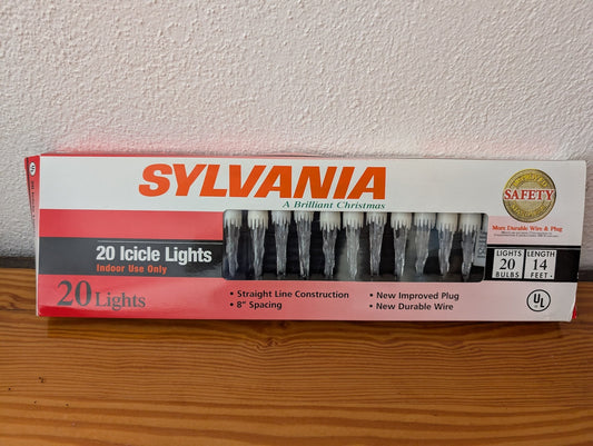20 Icicle Lights from Sylvania - 2000s Holiday Lighting (Plastic, Glass, Copper Wire Christmas Lights, Traditional, White)