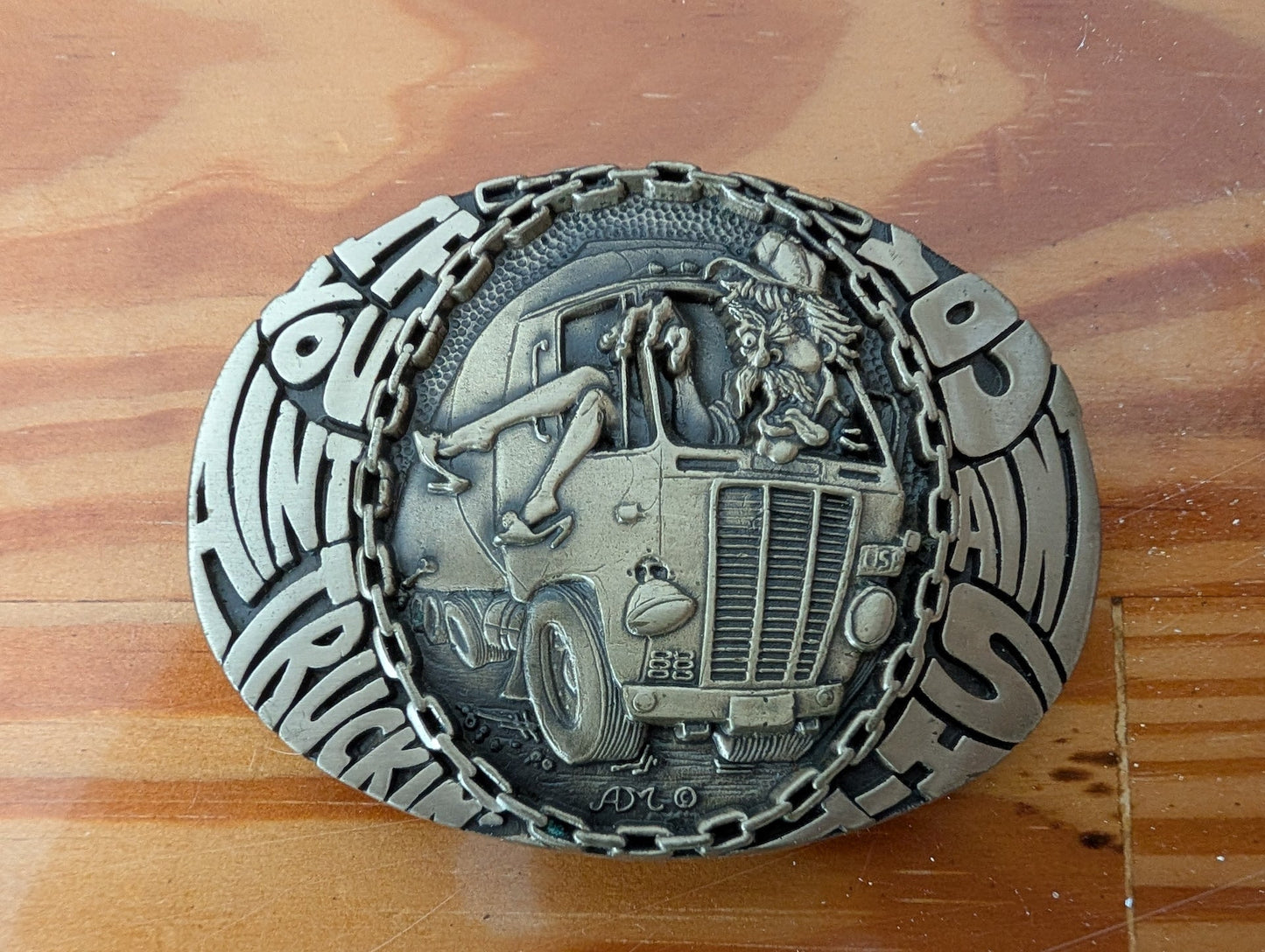 Lookin' Good and Truckin' Hard from MMO - 1970s Apparel / Accessories (Solid Brass Belt Buckle, Trucker, Biker, Vintage, Kitsch, Brass)