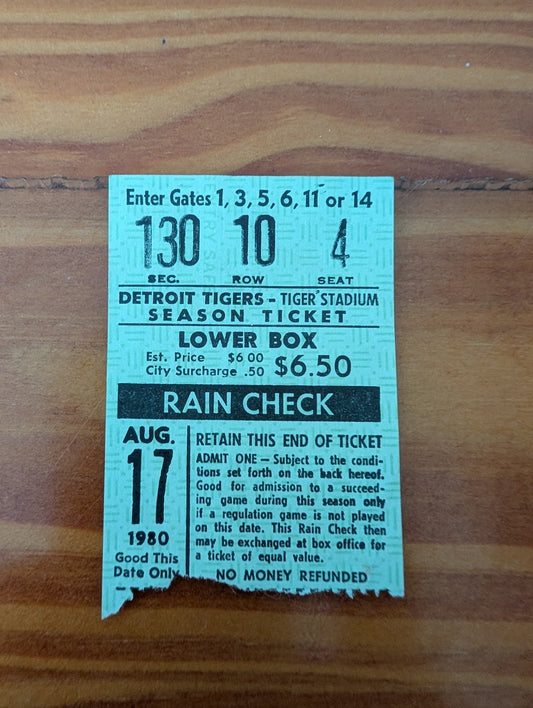 1980 Detroit Tigers Ticket Stub from Detroit Tigers - 1980 Collectibles / Ephemera (Paper Ticket Stub, Sports Memorabilia, Vintage, Green)
