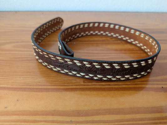 Tooled and Laced Leather Belt from Unknown -  Apparel / Accessories (Leather Belt, Western, Country, Bohemian, Brown, Cream)