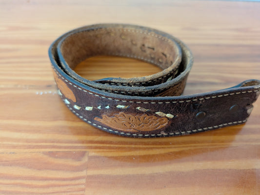 Tooled Leather Belt from Unknown -  Apparel / Accessories (Leather Belt, Western, Country, Distressed, Brown, Cream)
