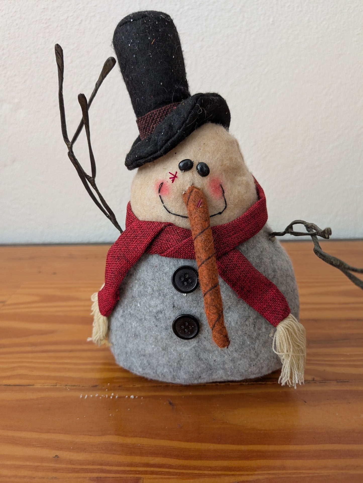 Rustic Felt Snowman from Unknown -  Holiday Decor (Felt, Fabric, Wire, Plastic Plush Figurine, Rustic, Farmhouse, Christmas, Holiday, Gray, Red, Black, Beige)