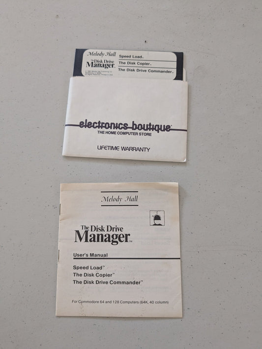Melody Hall Disk Drive Manager 5.25  floppy disk label featuring Speed Load, Disk Copier, and Drive Commander 1985 with instructions
