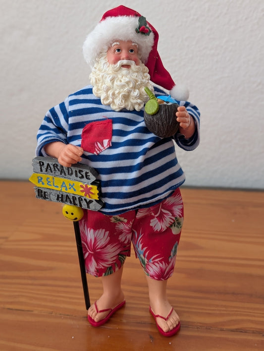 Coastal / Tropical Santa from Unknown -  Holiday Decor (Resin, Fabric Figurine, Coastal, Tropical, Whimsical, Red, White, Blue, Green)