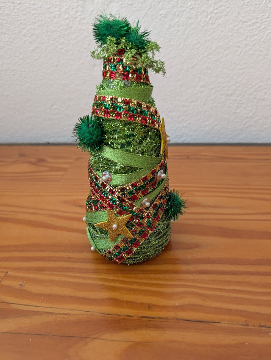 Tinsel Tabletop Tree from Unknown -  Holiday Decor (Plastic, Tinsel, Ribbon Decor, Whimsical, Kitsch, Green, Red, Gold)