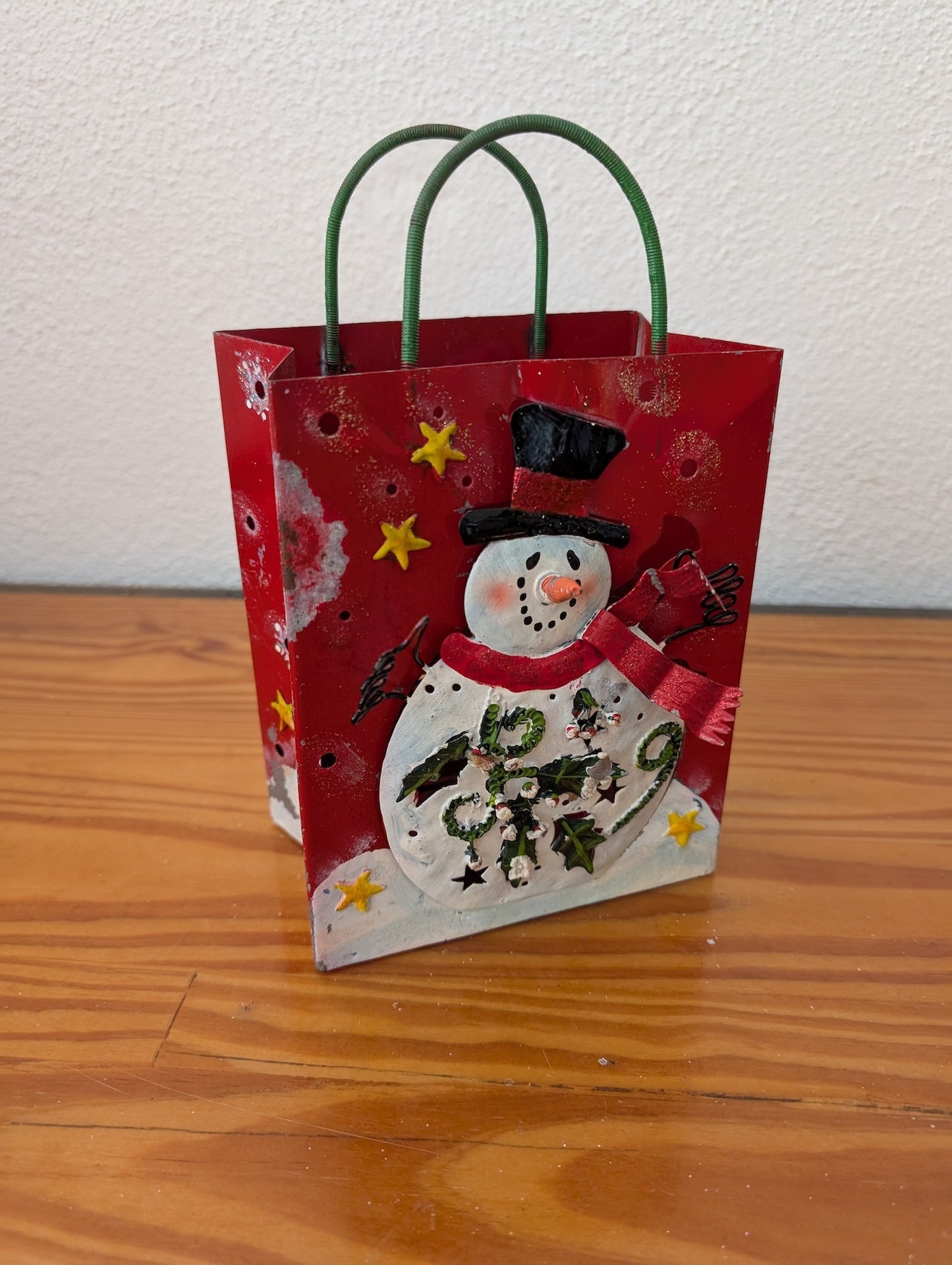 Snowman Metal Gift Bag from Unknown -  Holiday Decor (Metal Decor / Holder, Rustic, Farmhouse, Red, White, Black)