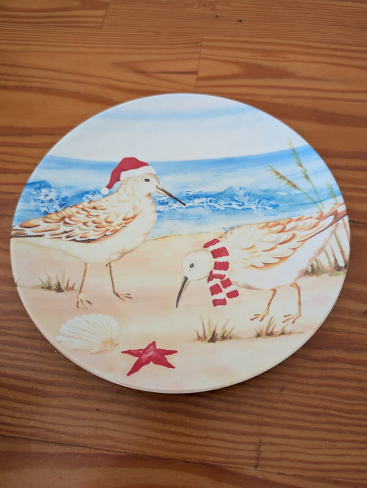 Coastal Christmas Sandpiper Plate from Unknown -  Tabletop (Ceramic Tableware, Coastal, Beach, White, Blue, Beige, Red)