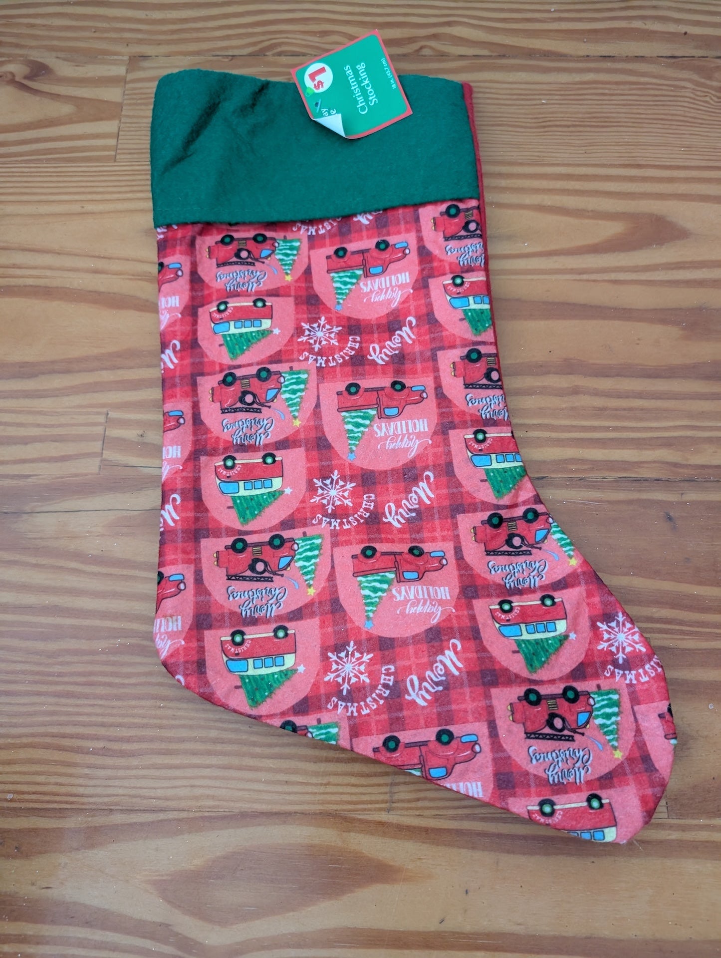 Red Truck Christmas Stocking from Holiday Style -  Linens (Fabric (Polyester/Felt) Stocking, Rustic, Farmhouse, Red, Green, Black, White)