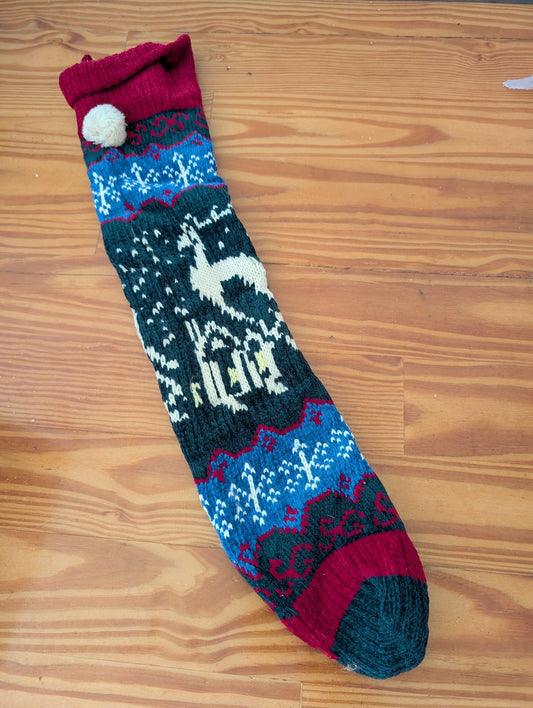 Knit Reindeer Stocking from Unknown -  Linens (Wool or Acrylic Yarn Stocking, Scandinavian, Rustic, Cabin, Green, Blue, Red, White)