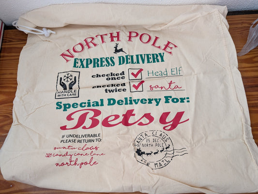 Personalized Santa Sack from Unknown -  Linens (Canvas Gift Packaging, Traditional, Farmhouse, Cream, Red, Green)