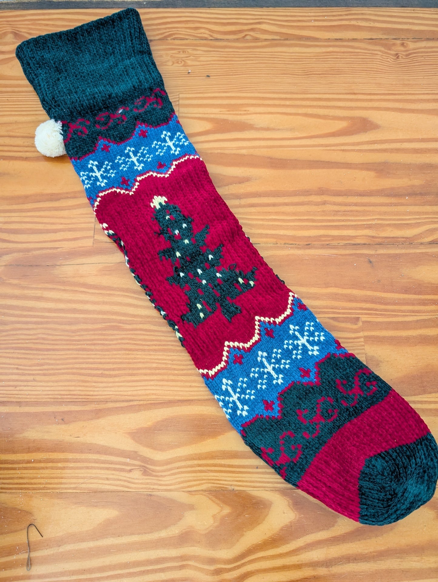 Knitted Christmas Tree Stocking from Unknown -  Linens (Wool or Acrylic Yarn Stocking, Scandinavian, Rustic, Cabin, Red, Green, Blue, White)
