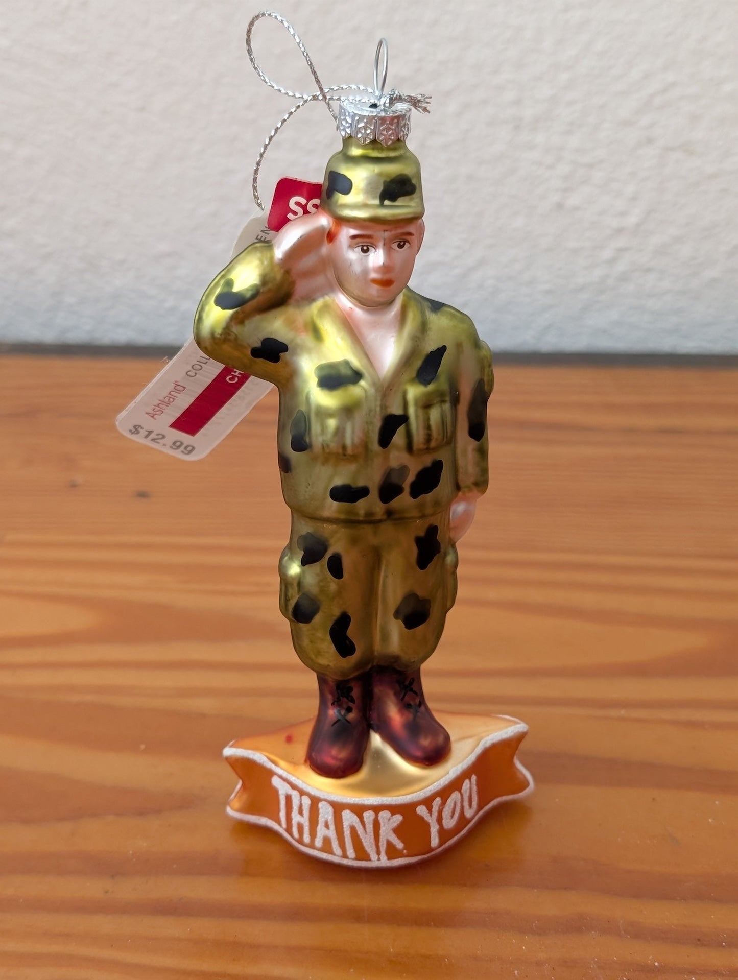 Glass Soldier "Thank You" Ornament from Ashland -  Ornaments (Glass Ornament, Patriotic, Traditional, Green, Brown, Gold)