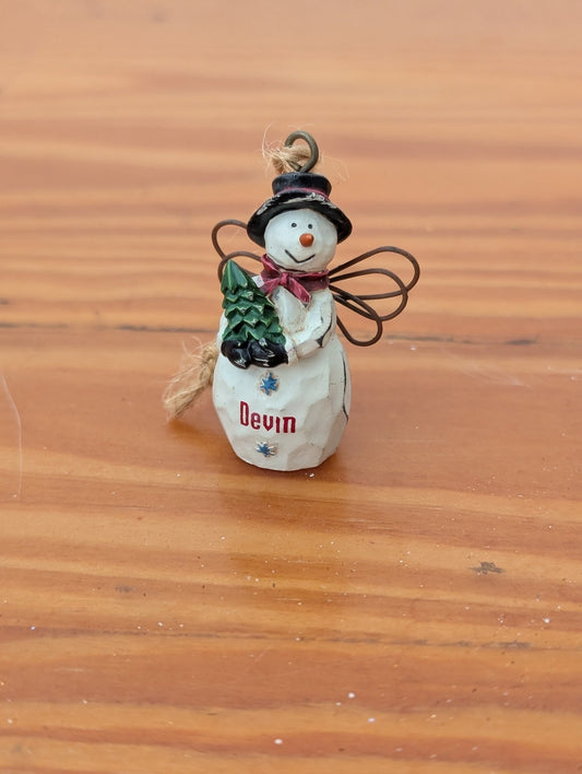Personalized Snowman Angel Ornament from Unknown -  Ornaments (Wood, Metal Wire Ornament, Rustic, Folk Art, White, Black, Red, Green)