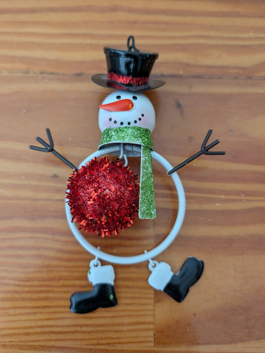 Metal Articulated Snowman Ornament from Unknown -  Ornaments (Metal, Tinsel Ornament, Rustic, Whimsical, White, Black, Red, Green)