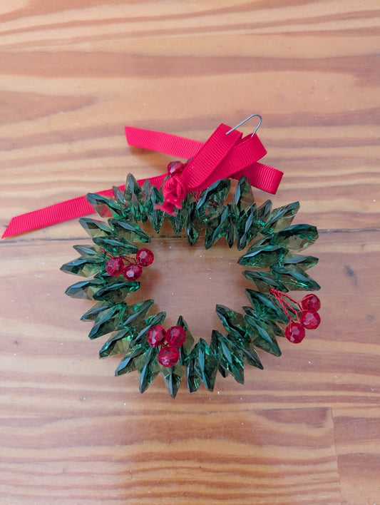 Acrylic Crystal Wreath Ornament from Unknown -  Ornaments (Acrylic, Ribbon Ornament, Traditional, Glam, Green, Red)