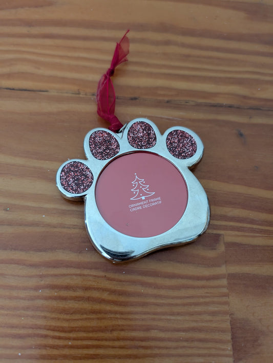 Paw Print Photo Frame Ornament from Unknown -  Ornaments (Metal, Glitter Ornament, Pet-themed, Silver, Pink, Red)