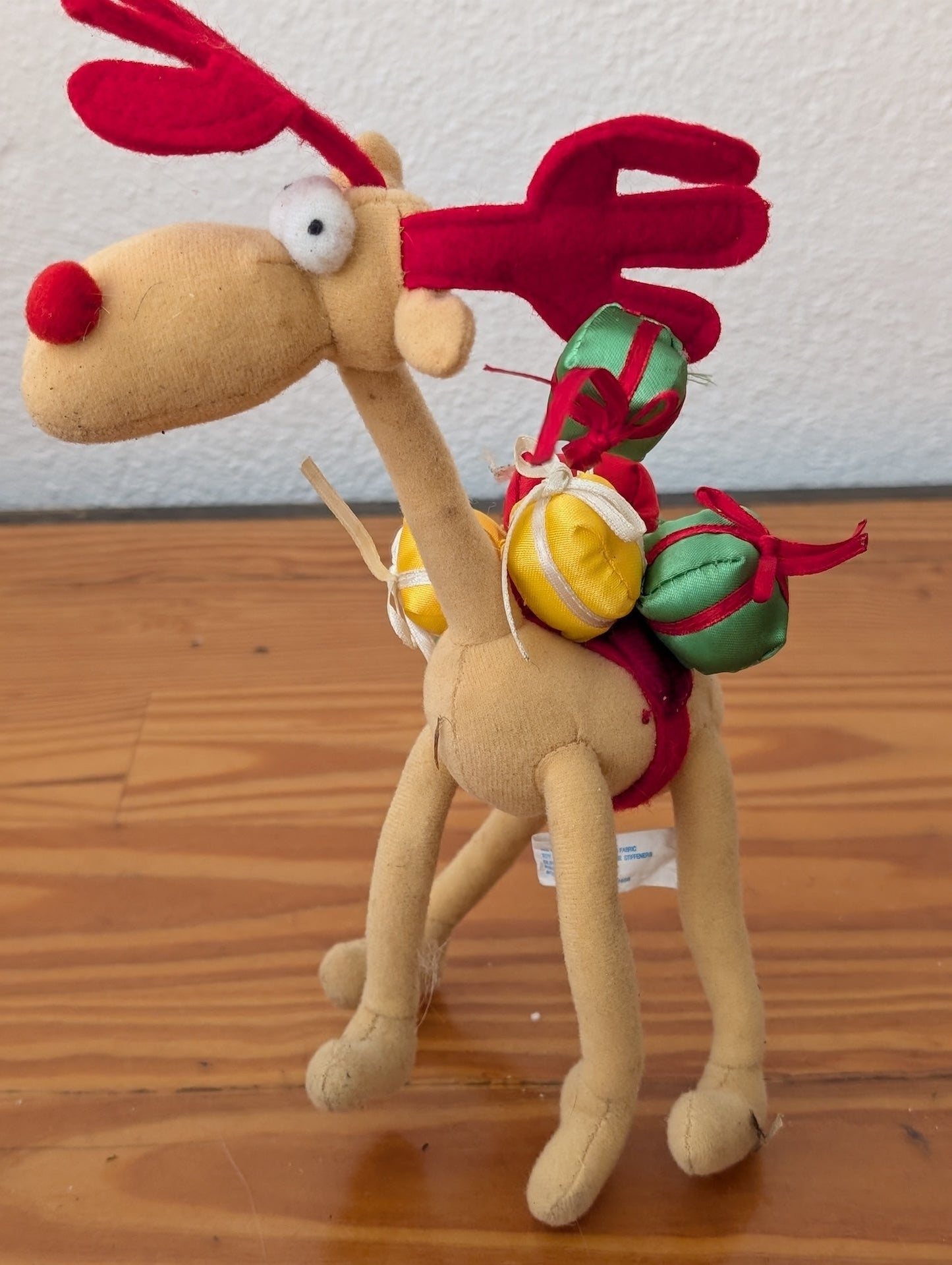 Whimsical Plush Reindeer from Unknown -  Holiday Decor (Fabric, Felt, Plastic Figurine / Decor, Whimsical, Kids, Tan, Red, Green, Yellow)