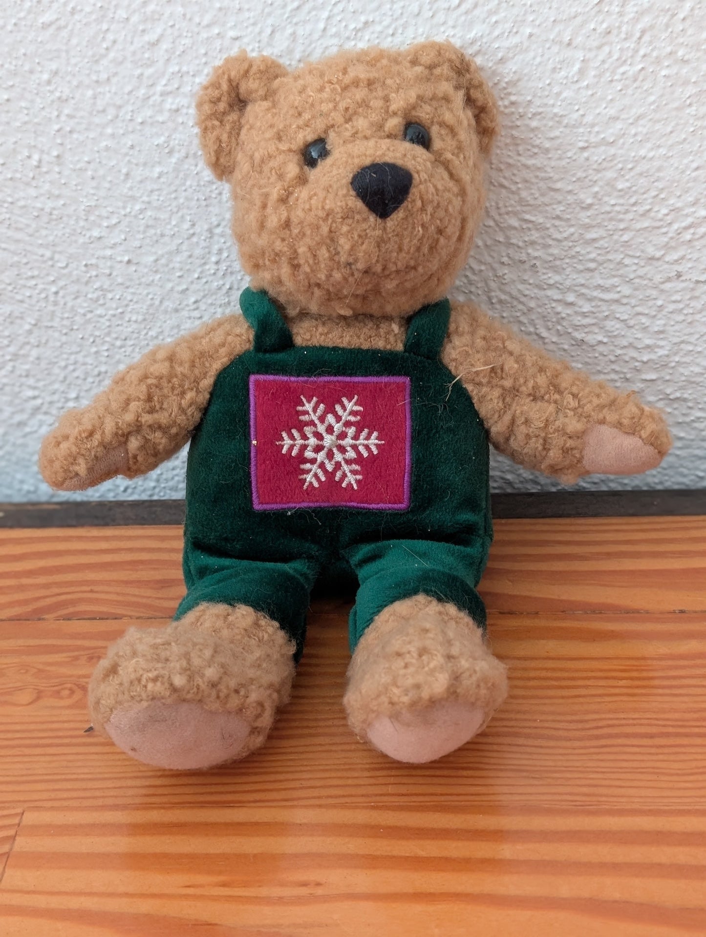 Teddy Bear in Snowflake Overalls from Unknown -  Holiday Decor (Fabric, Velvet Toy / Decor, Traditional, Kids, Rustic, Brown, Green, White)