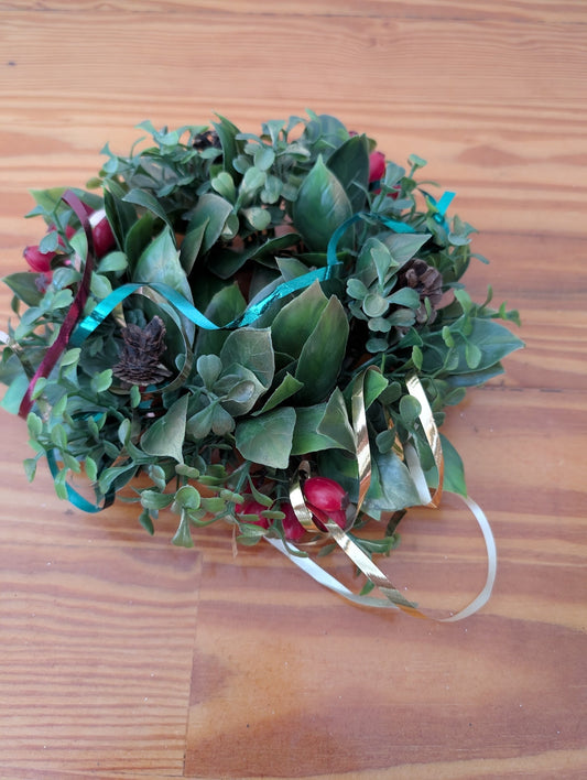 Candle Ring Wreath from Unknown -  Holiday Decor (Plastic, Pinecone, Ribbon Decor, Traditional, Green, Red, Gold, Blue)