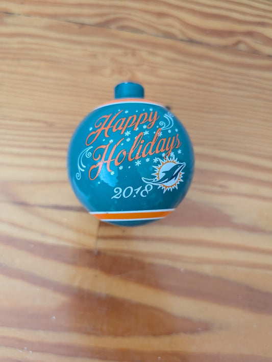 Miami Dolphins "Happy Holidays" Ornament from Unknown - 2018 Ornaments (Ceramic or Glass Ornament, Sports-themed, Teal, Orange, White)