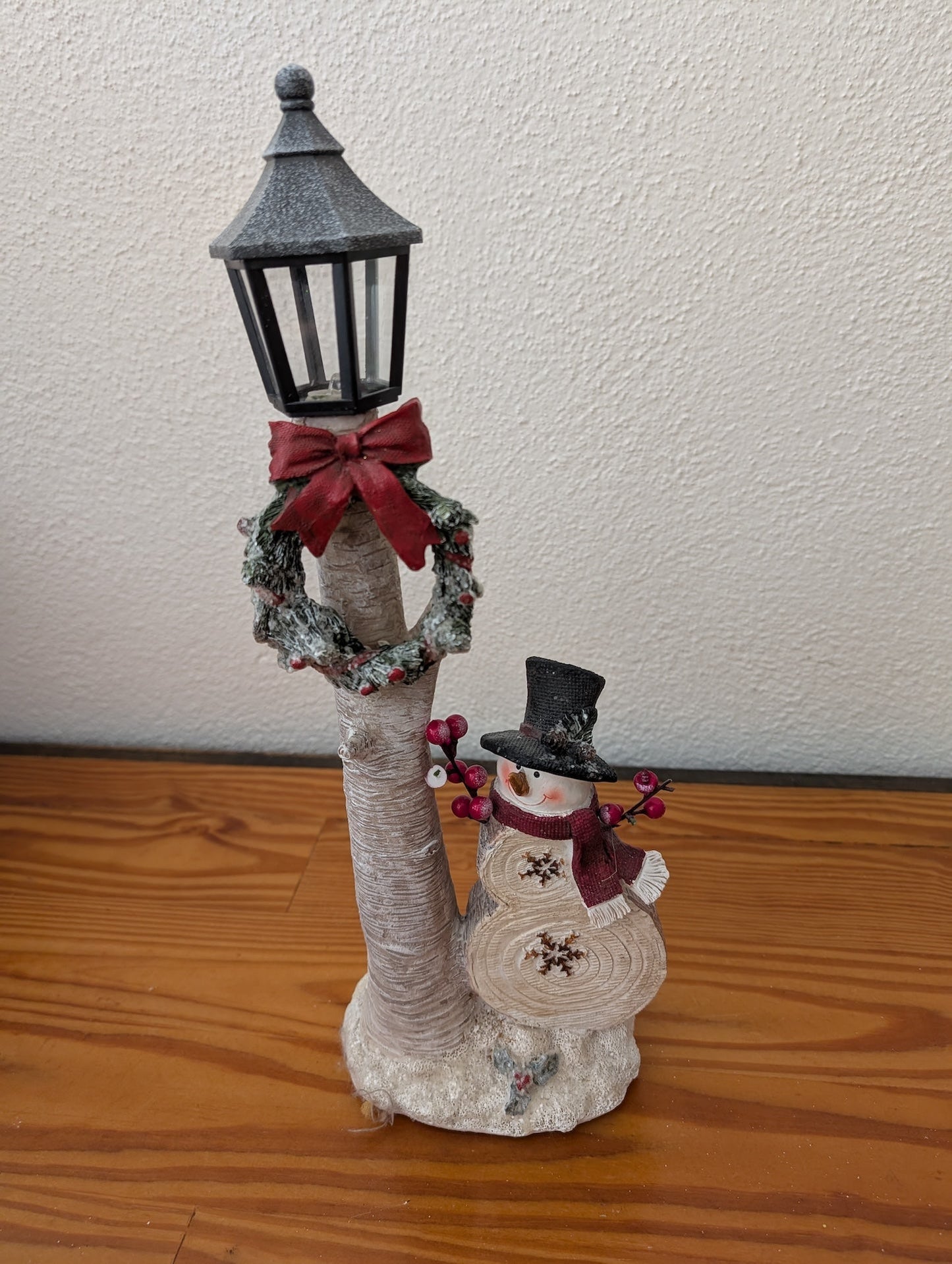Snowman with Birch Lamppost from Unknown -  Holiday Decor (Resin Figurine, Rustic, Farmhouse, Cabin, White, Brown, Black, Red)