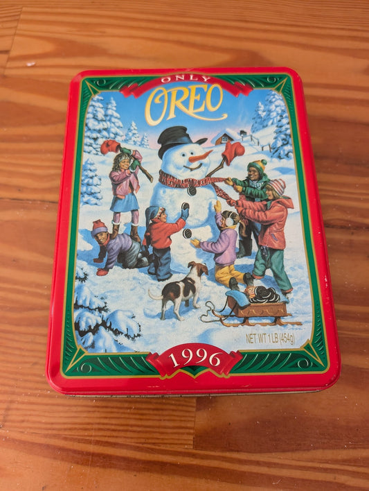 OREO "Building a Snowman" Tin from OREO - 1996 Holiday Decor (Metal Collectible Tin, Vintage, Collectible, Red, Green, Blue, White)