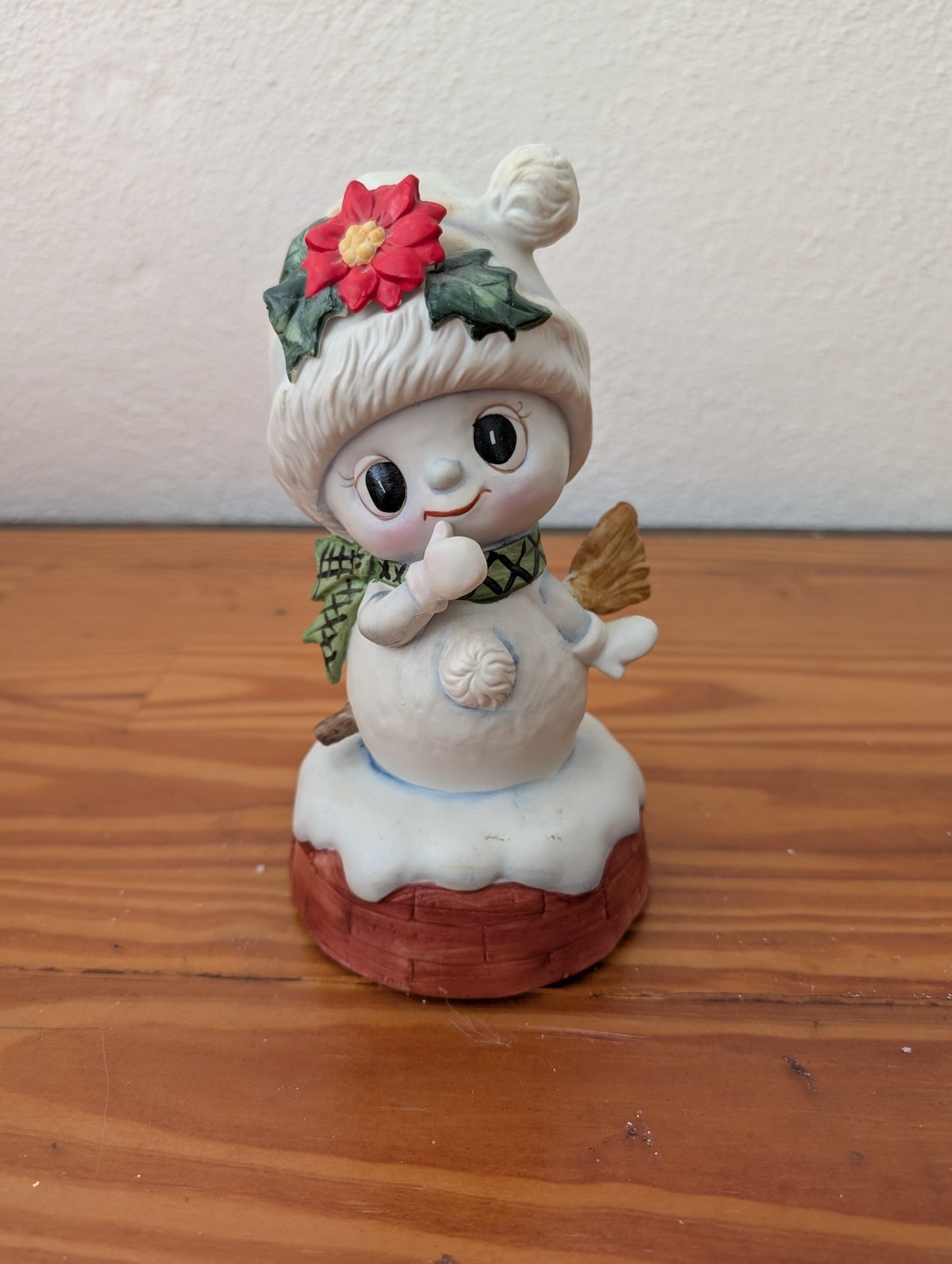 Whimsical Snowman on Chimney from Unknown -  Holiday Decor (Ceramic Figurine, Whimsical, Kids, White, Red, Green, Brown)