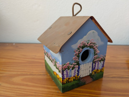 Hand-Painted Garden Birdhouse from Unknown -  Garden Decor (Wood, Metal, Paint Birdhouse, Cottagecore, Shabby Chic, Blue, Pink, Yellow, Brown)