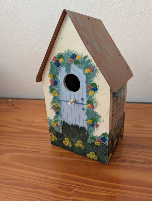 Hand-Painted Floral Birdhouse from Unknown -  Garden Decor (Wood, Metal, Paint Birdhouse, Cottagecore, Folk Art, Cream, Blue, Multicolor)