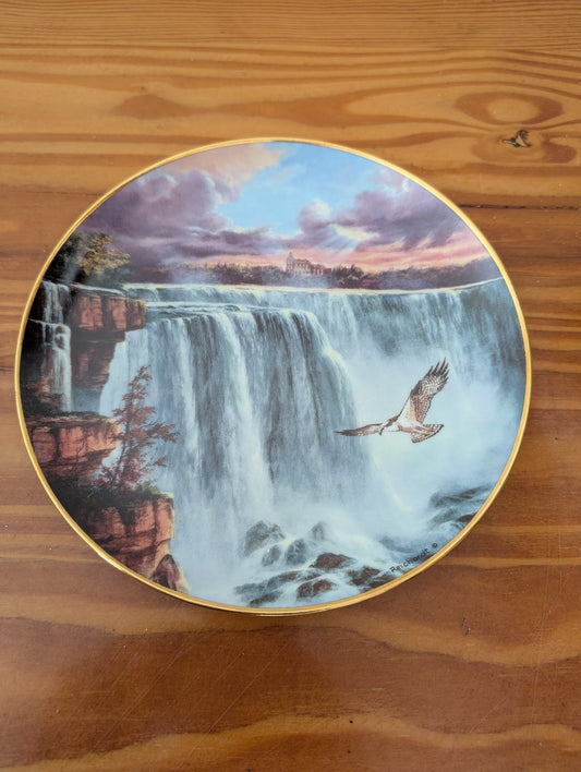 Osprey at the Falls from Unknown -  Wall Decor (Porcelain Collector Plate, Wildlife, Nature, Cabin, Multicolor (dominant blues, browns, pinks))