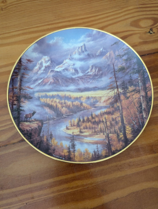 Mountain Majesty (or similar) from The Danbury Mint (likely) - 1990s Wall Decor (Porcelain Collector Plate, Wildlife, Nature, Cabin, Rustic, Multicolor (dominant blues, browns, yellows))