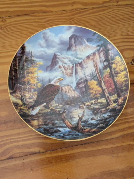King of the Canyon (or similar) from The Danbury Mint (likely) - 1990s Wall Decor (Porcelain Collector Plate, Wildlife, Nature, Cabin, Patriotic, Multicolor (dominant browns, blues, yellows))