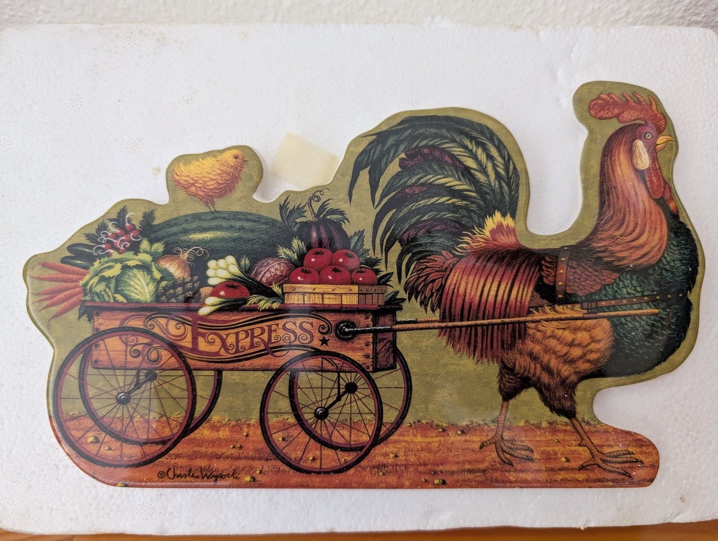 Rooster and Vegetable Cart from Unknown -  Wall Decor (Wood (MDF), Decoupage Wall Plaque, Farmhouse, Country, Kitchen, Green, Red, Brown, Yellow)