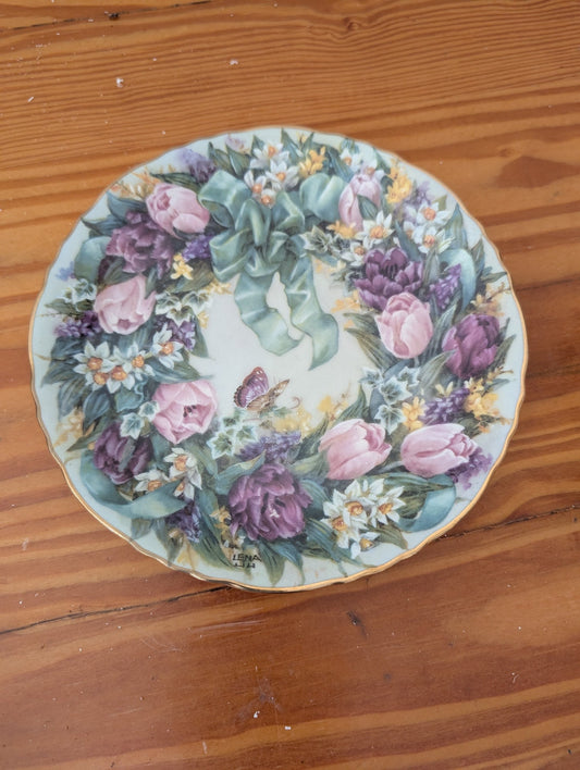 Spring Bonnet Wreath (or similar) from W.S. George Pottery Company (likely) - 1990s Wall Decor (Porcelain Collector Plate, Romantic, Victorian, Shabby Chic, Cottagecore, Multicolor (Pastels))