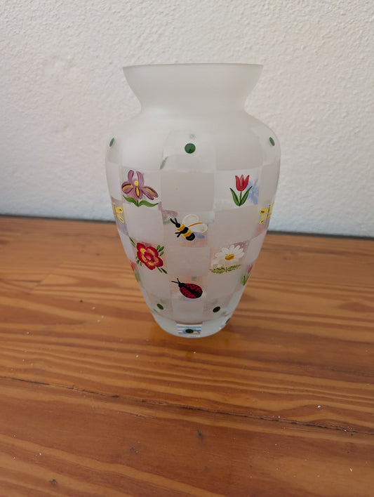 Frosted Glass Floral and Insect Vase from Unknown - 1980s Home Decor (Glass, Paint Vase, Cottagecore, Farmhouse, Eclectic, Shabby Chic, White (frosted), Multicolor)