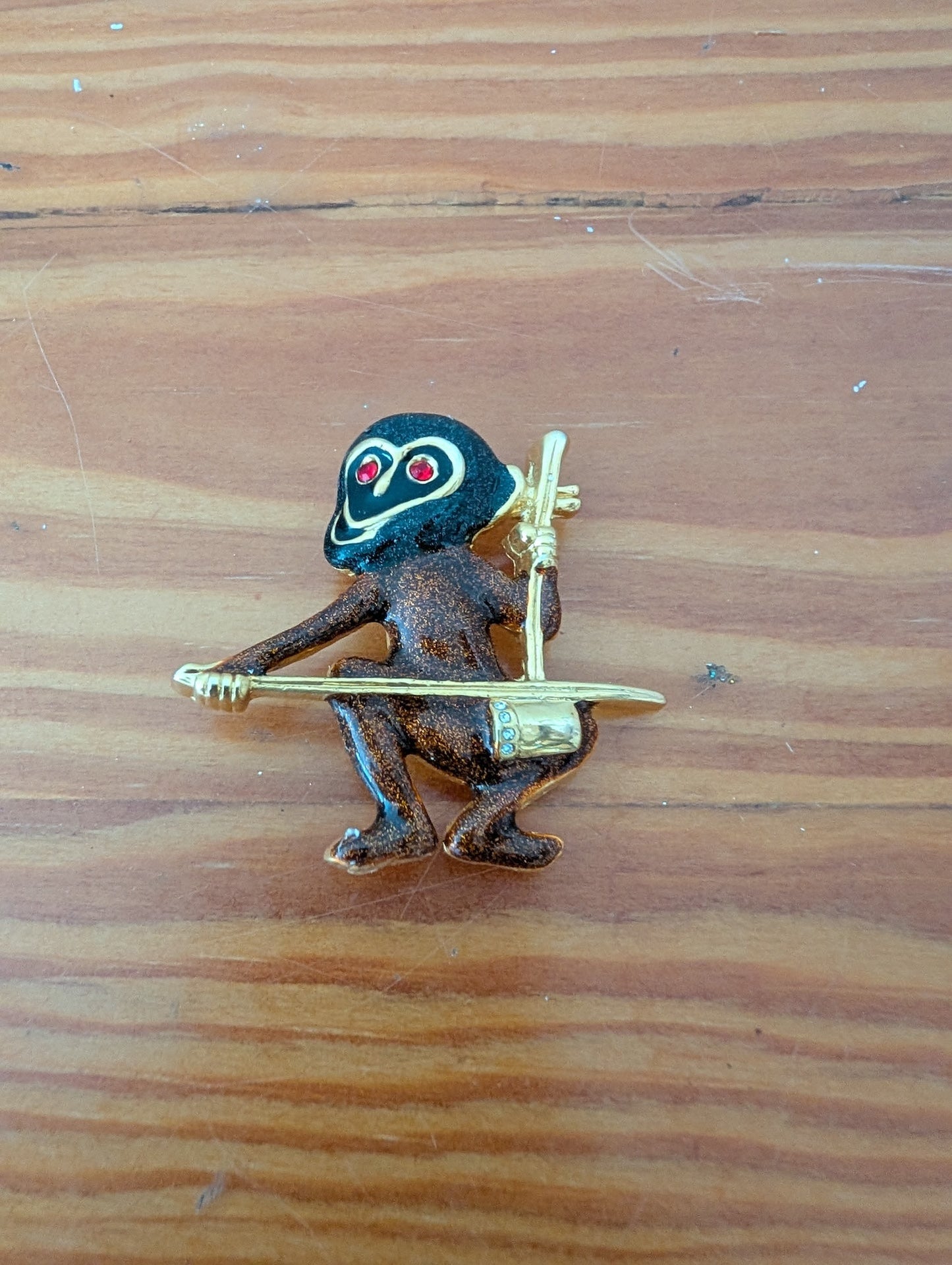 Glitter Monkey Brooch from Unbranded - 1980s Jewelry (Metal, Enamel, Rhinestone Brooch, Eclectic, Vintage, Novelty, Brown, Gold, Red)